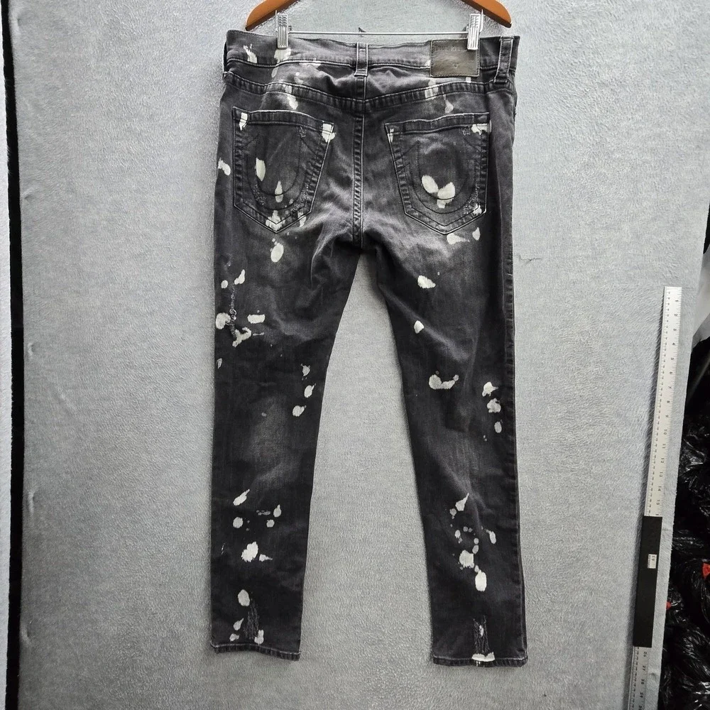 True Religion Men Jeans 36 Black Paint Splatter‎ Rocco Relaxed Skinny Grunge Y2K